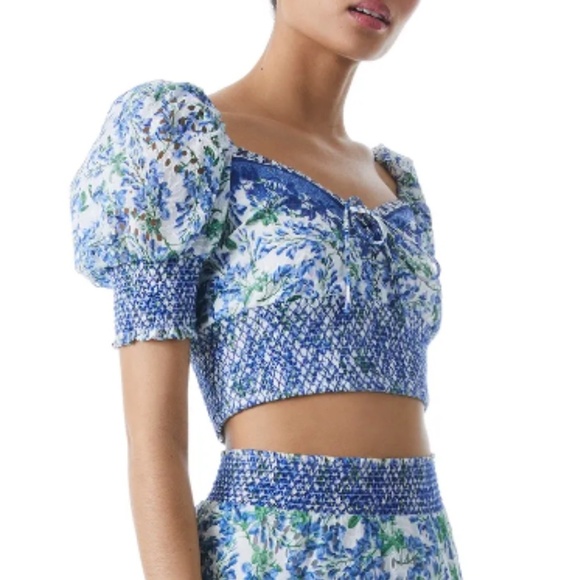 NWT ALICE + OLIVIA Crawford Floral Puff Sleeve Cotton Silk Crop Top Sz. L - Picture 2 of 5